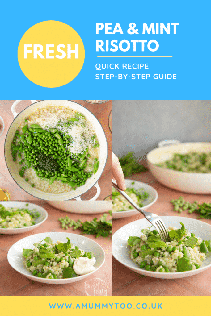 Pinterest image for the pea and mint risotto recipe with three images at the bottom and text describing the recipe for Pinterest.