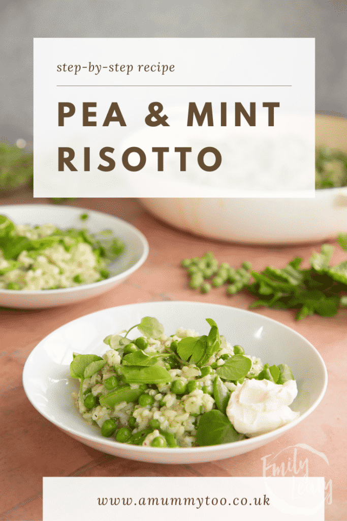 Pea and mint risotto image with text at the top describing the image for Pinterest.