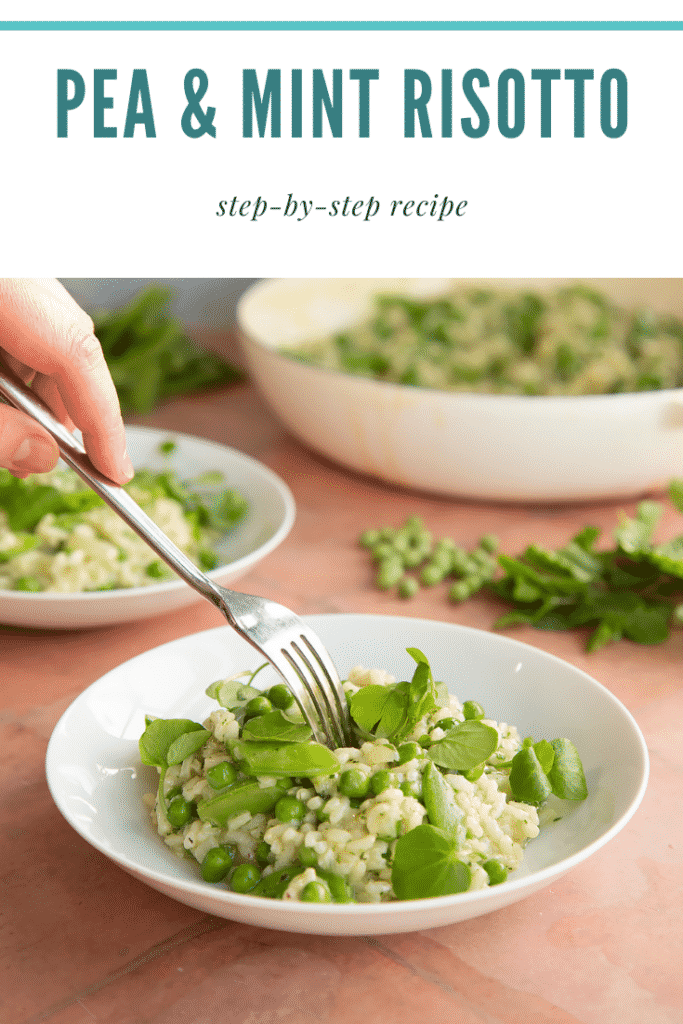 Pea and mint risotto image with text at the top describing the image for Pinterest.