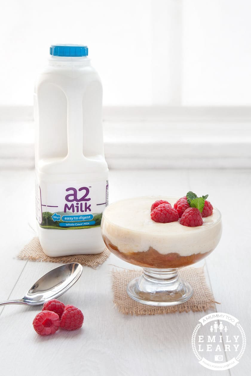 Want to enjoy the flavours of rhubarb and custard in a delicious dessert? Here's how to make this rhubarb and custard pudding, pictured with a2 milk
