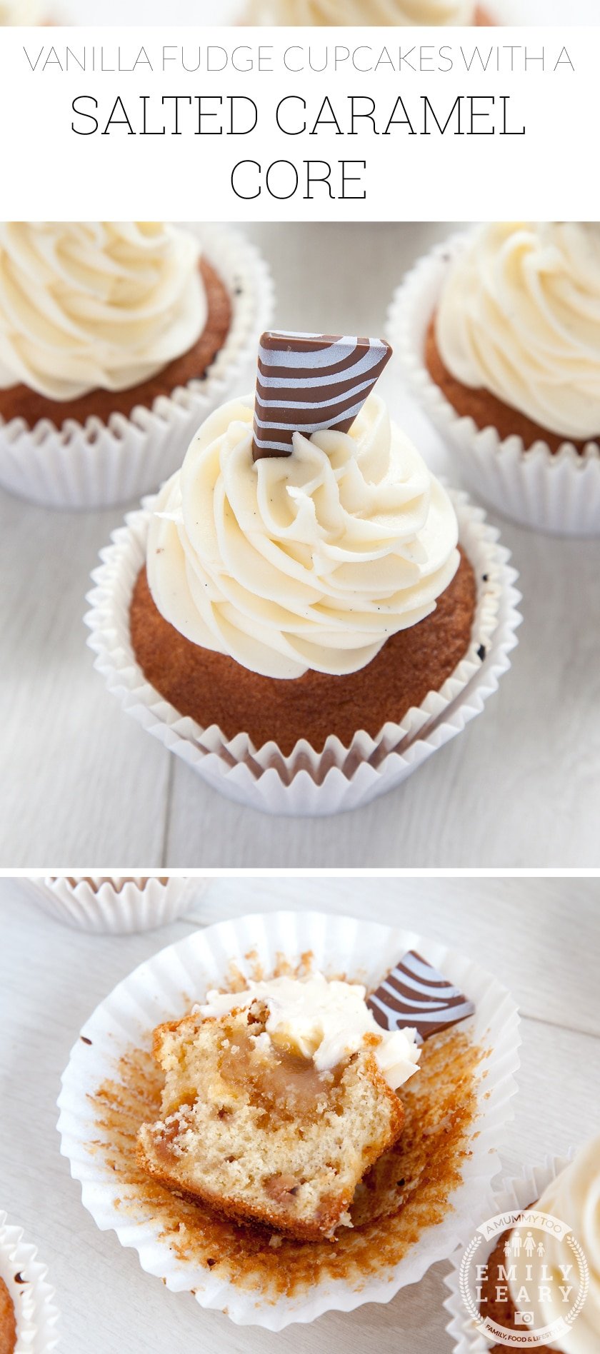 Surprise inside! Vanilla fudge cupcakes with a salted caramel core. Here's how to make these salted caramel surprise cupcakes