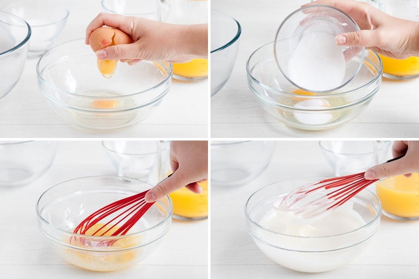 Cracking eggs and adding sugar to a bowl