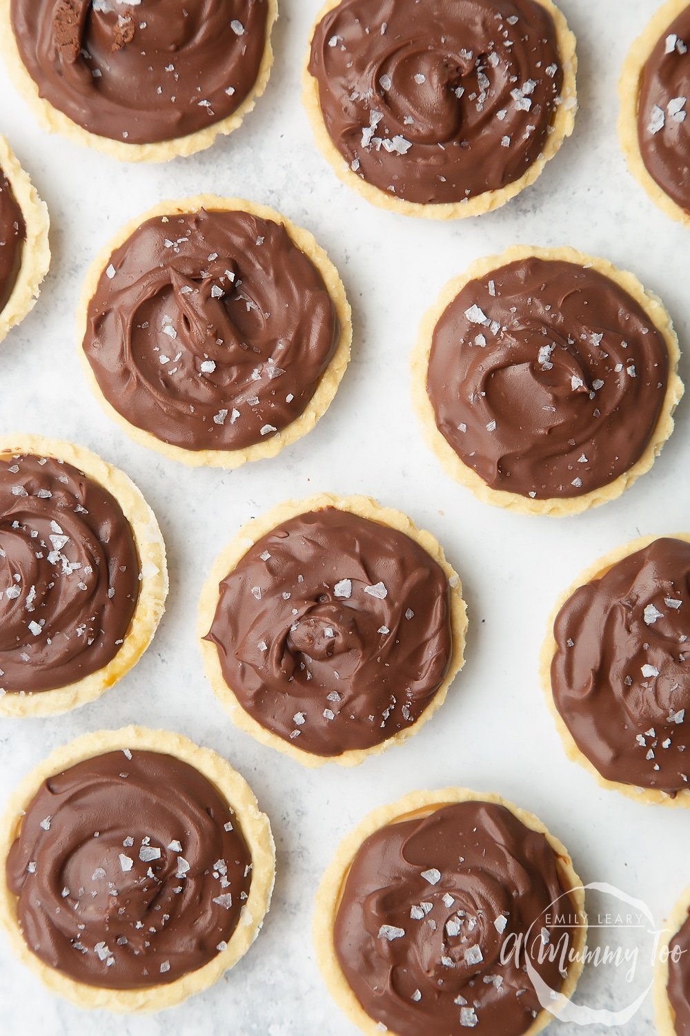 Close up of Baileys salted caramel mini chocolate tarts