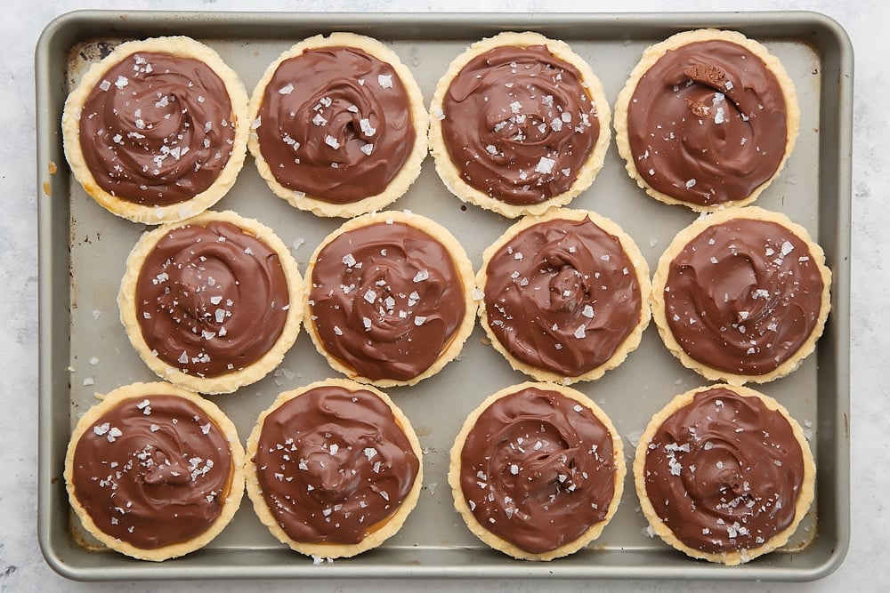 Baileys salted caramel mini chocolate tarts sprinkled with sea salt