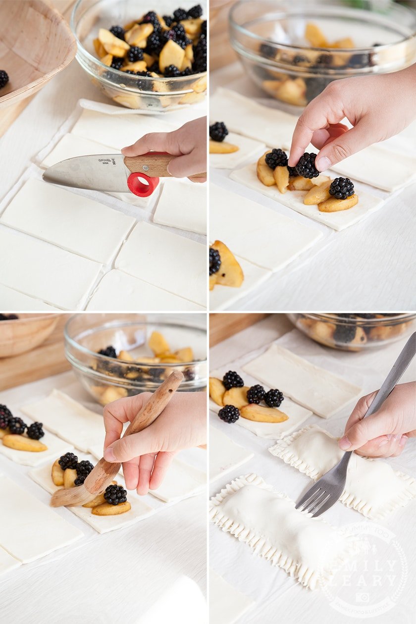 Assembling the blackberry and apple parcels on squares of pastry sheet on a piece of greaseproof paper