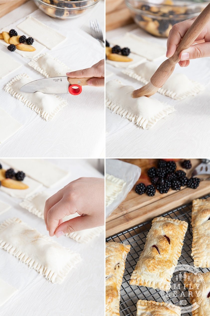 Closed up parcels with pinch edges on pastry filled with Apple and blackberry with a brush egg topping