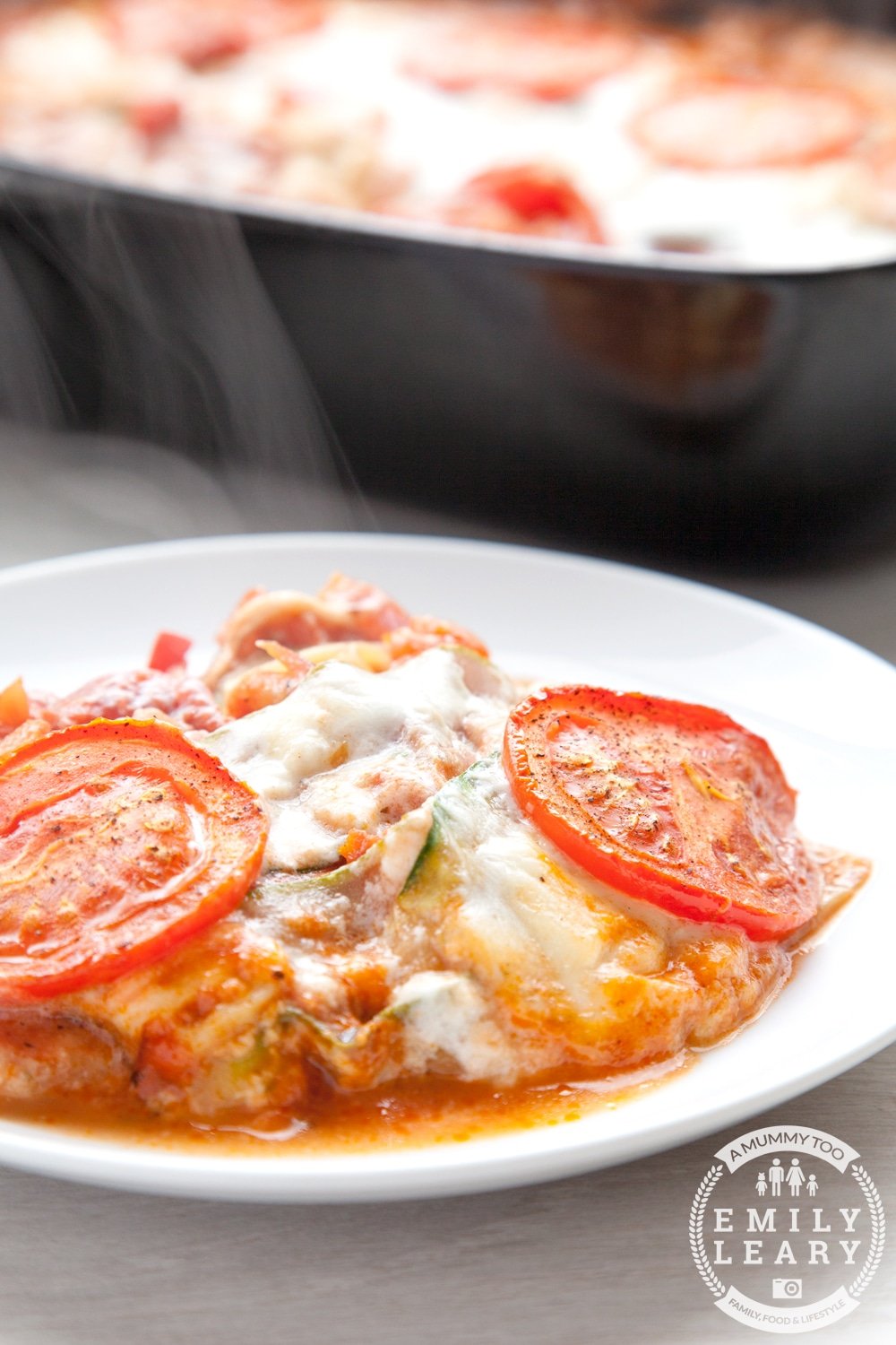 Tomato and courgette mozzarella bake - a low carb, vegetarian take on pasta bake