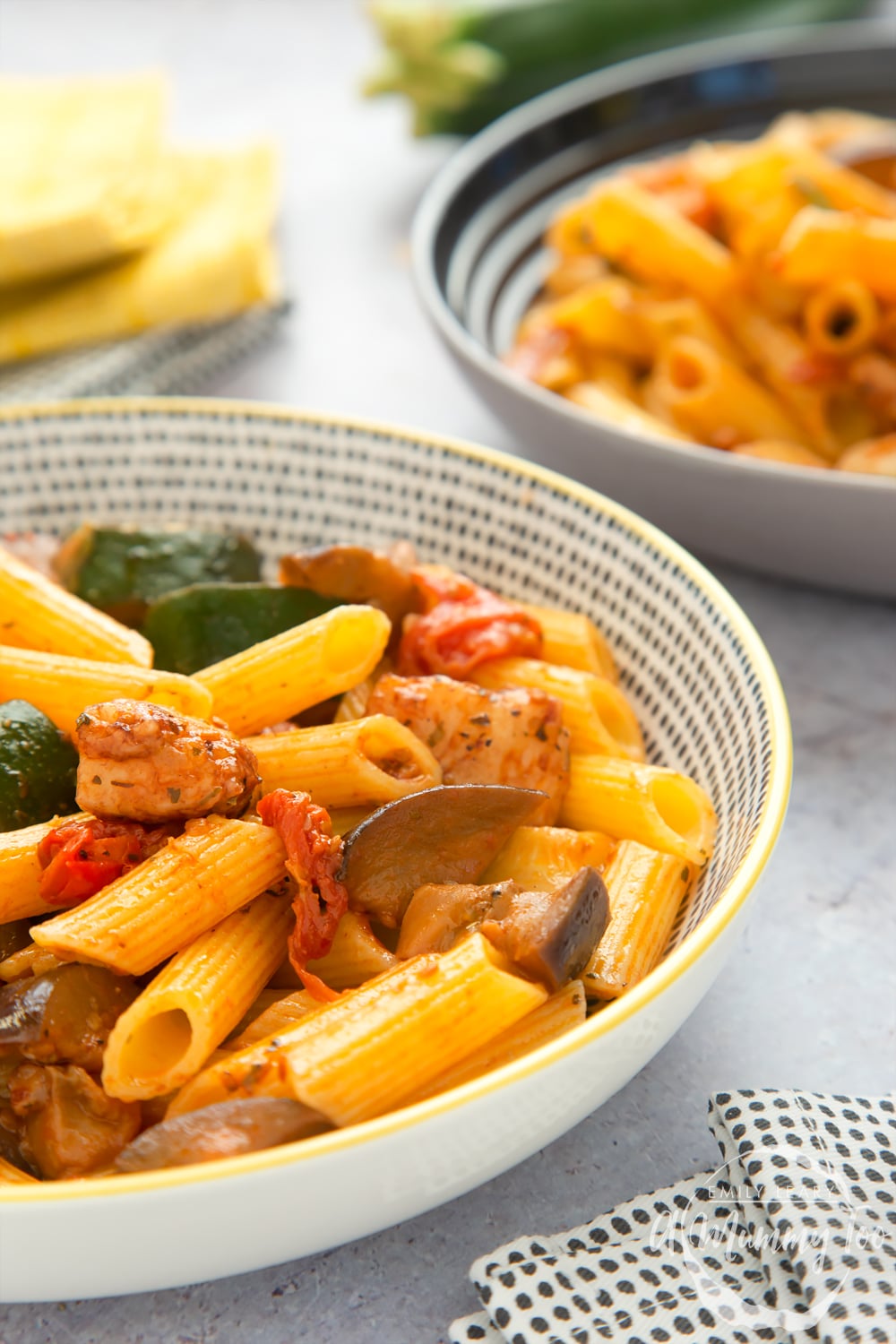 This zingy pasta dish was inspired by a meal in Cyprus. Made with halloumi, courgette, aubergine and fresh cherry tomatoes