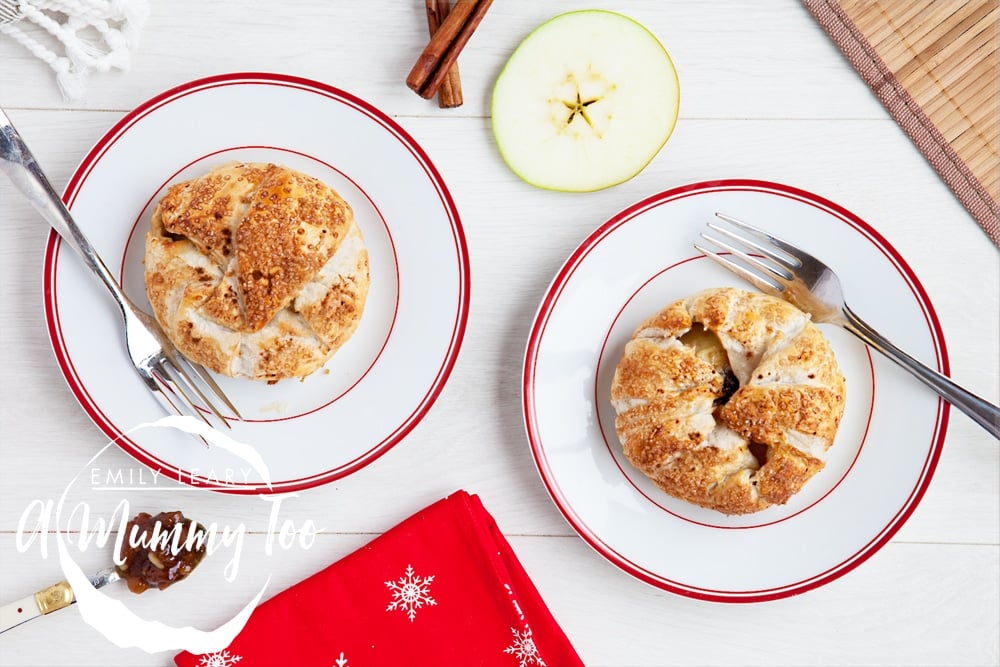 mincemeat and Bramley apple puff parcels, served hot