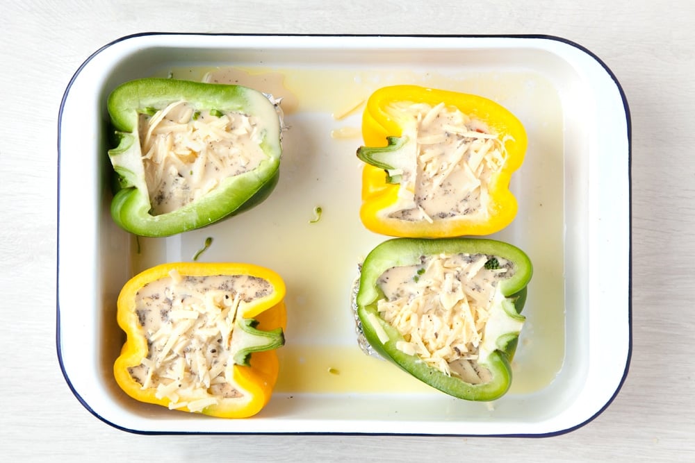The pepper cups after adding all the ingredients and the quiche filling.