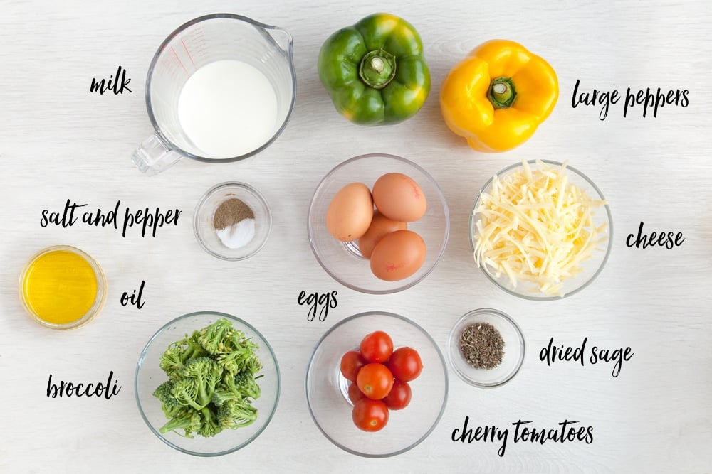 Ingredients for your pepper quiche cups in bowls on a white table.