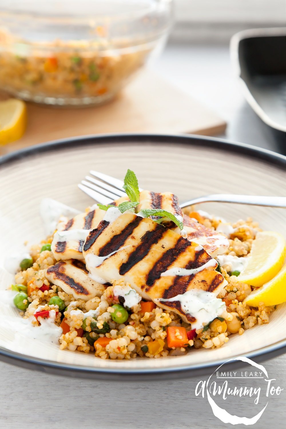 Grilled halloumi vegetable couscous with a yoghurt mint dressing