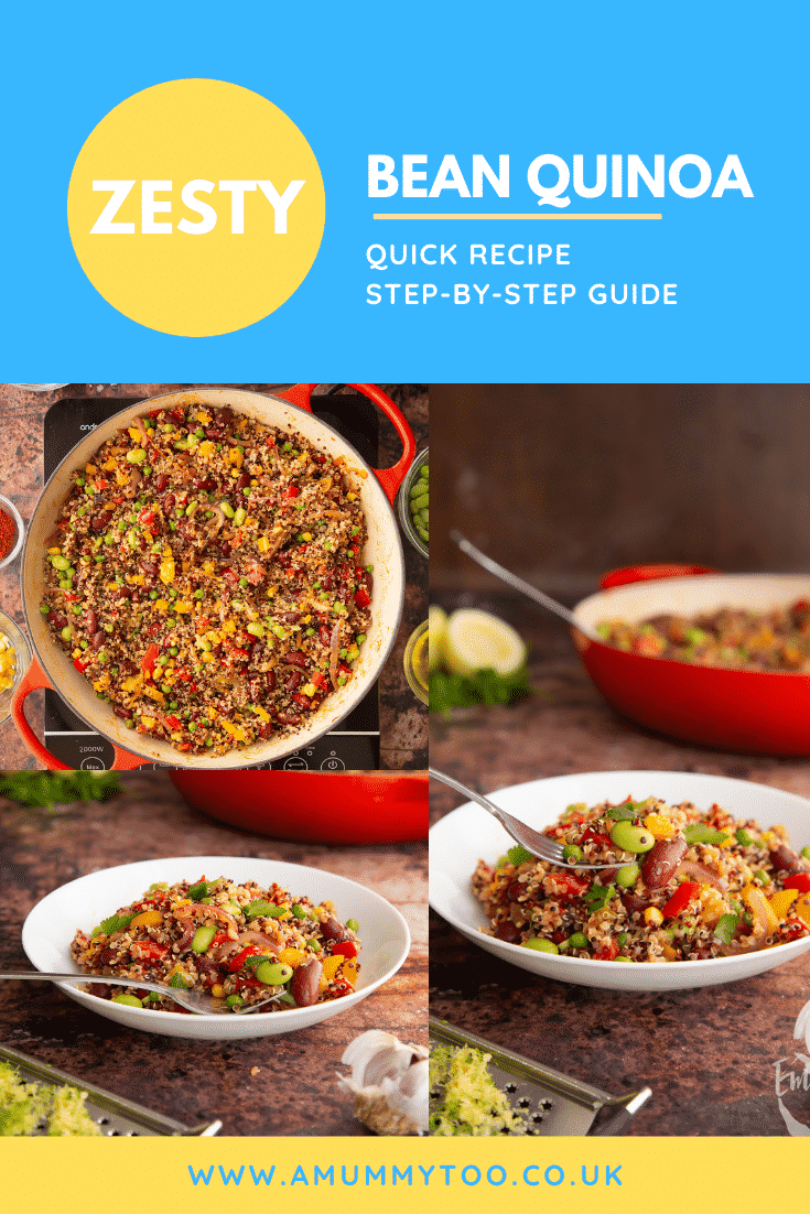 Pinterest image for the zesty bean quinoa. The title text is at the top and three images are at the bottom including one overhead process shot and two side on shots of the finished dish.