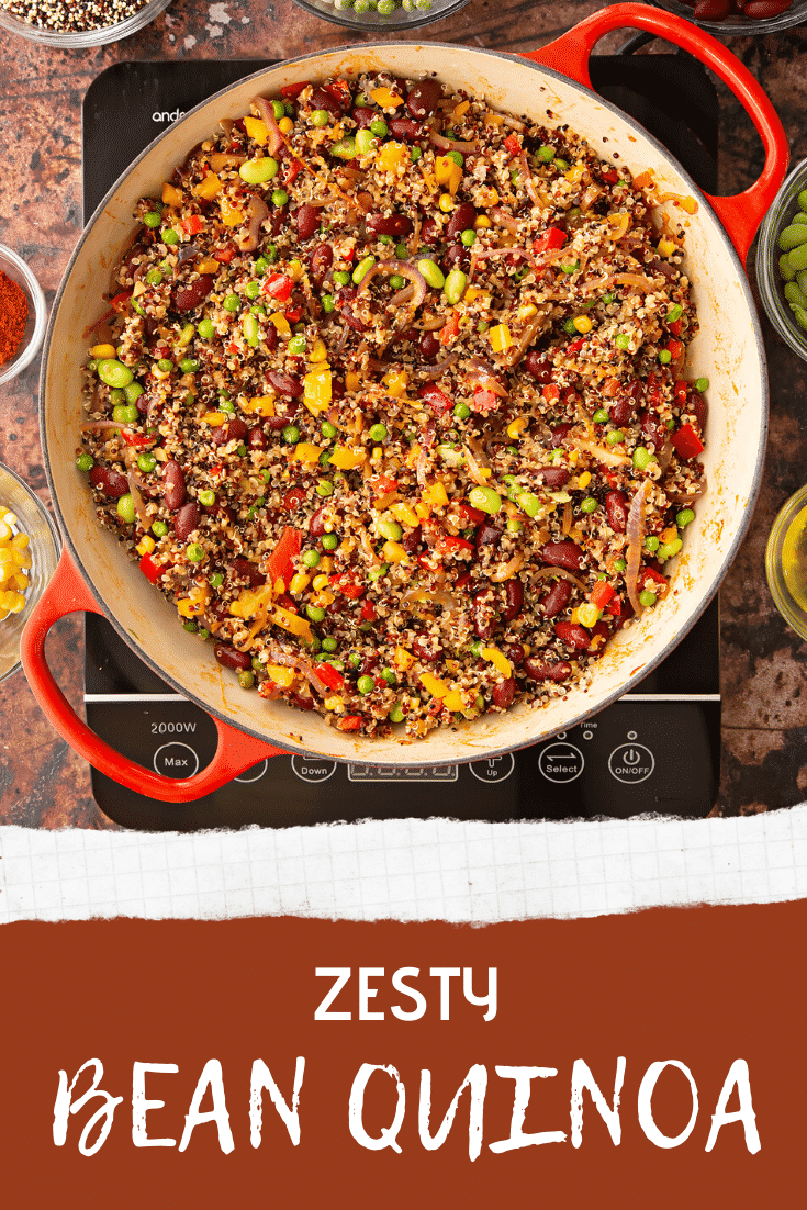 Pinterest image for the zesty bean quinoa. The title text is at the bottom and an overhead shot of the quinoa in a pan is at the top.