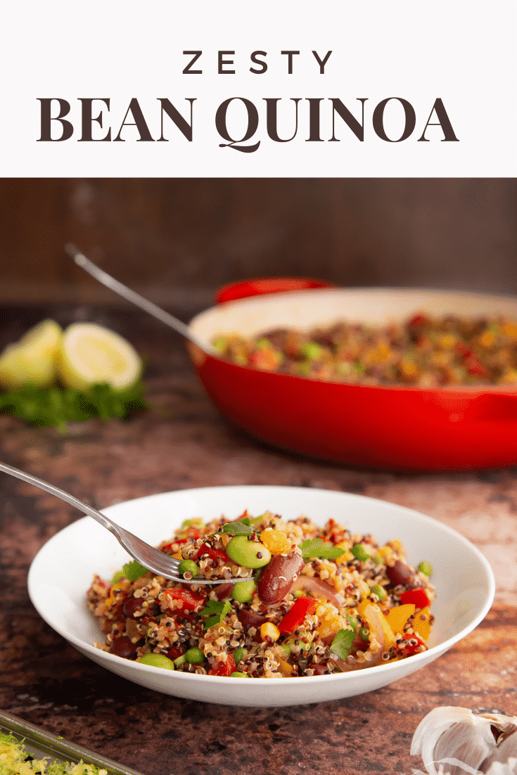 Pinterest image for the zesty bean quinoa. The title text is at the top and a side on shot of the image is at the bottom.
