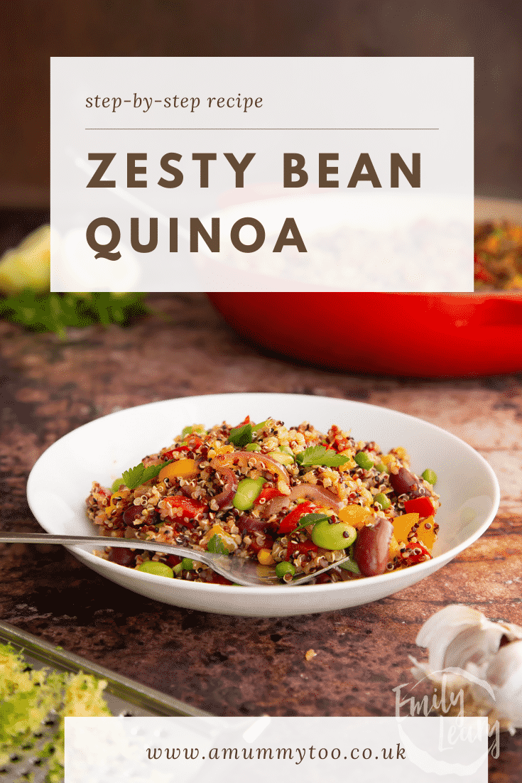 Pinterest image for the zesty bean quinoa. The title text is at the top and a side on shot of the image is at the bottom.