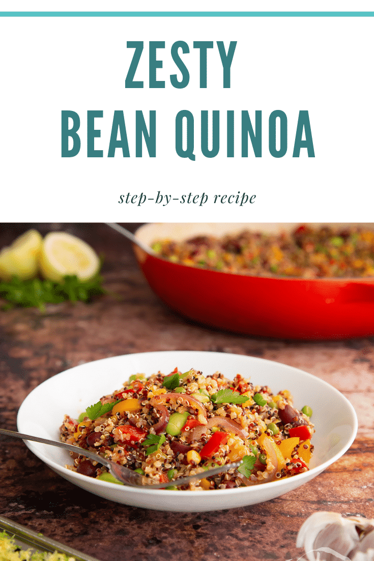 Pinterest image for the zesty bean quinoa. The title text is at the top and a side on shot of the image is at the bottom.