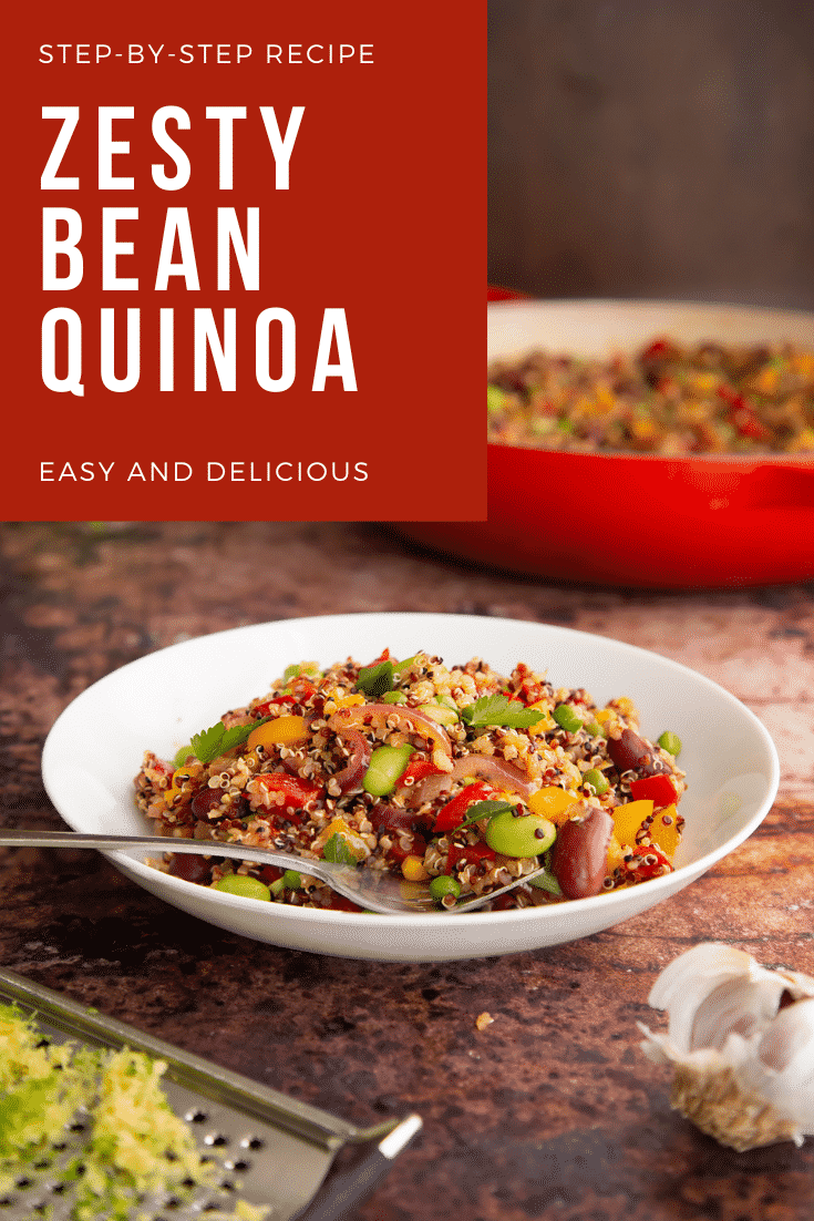 Pinterest image for the zesty bean quinoa. The title text is at the top and a side on shot of the image is at the bottom.