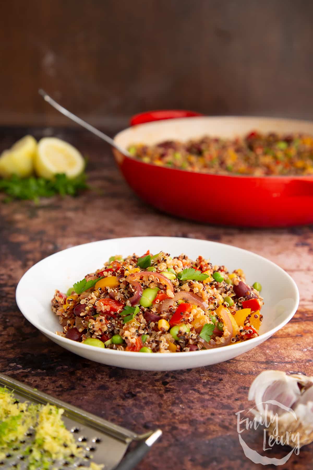 Side on shot of the finished zesty bean quinoa. 