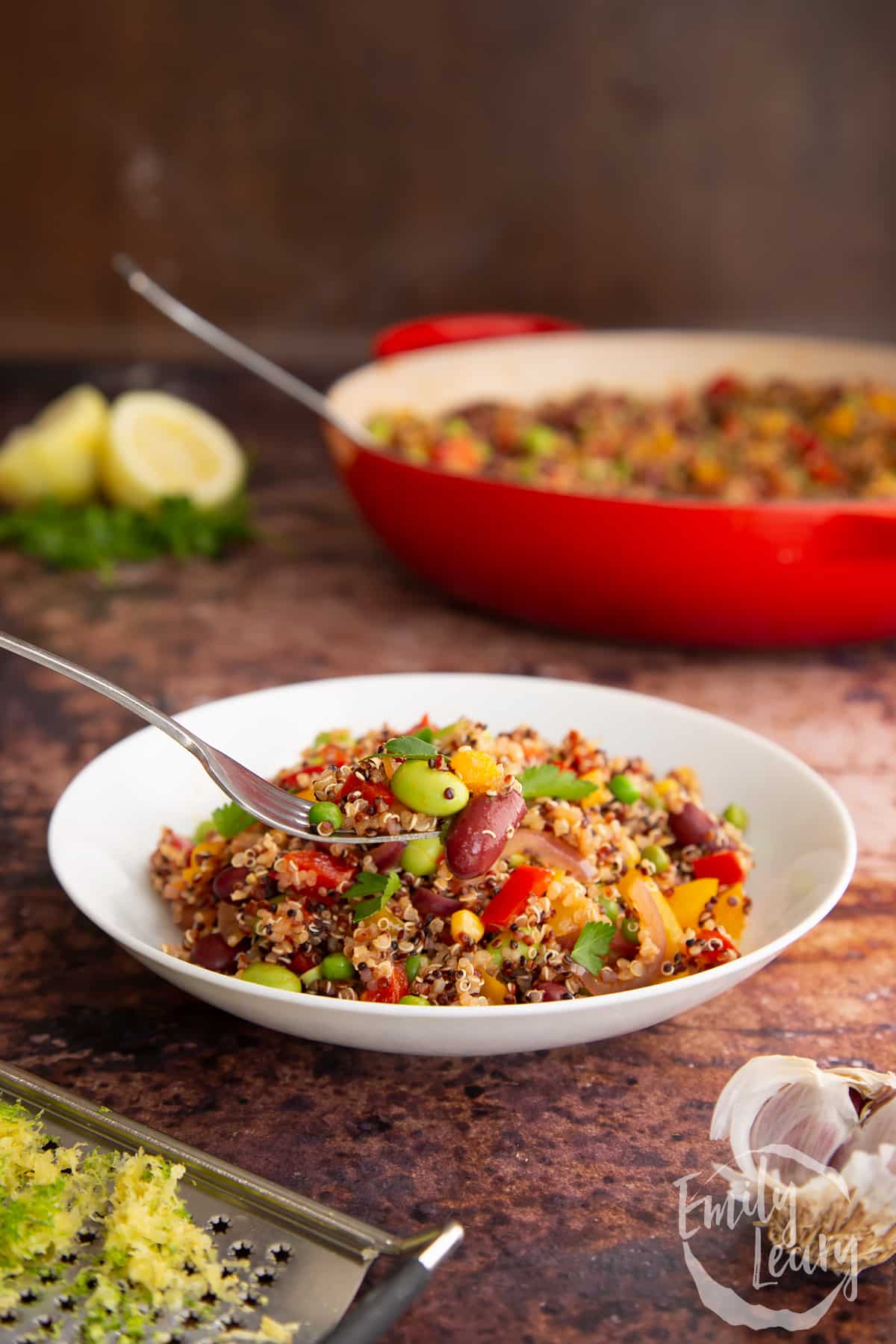 A side on shot of a bowl full of Zesty bean quinoa.