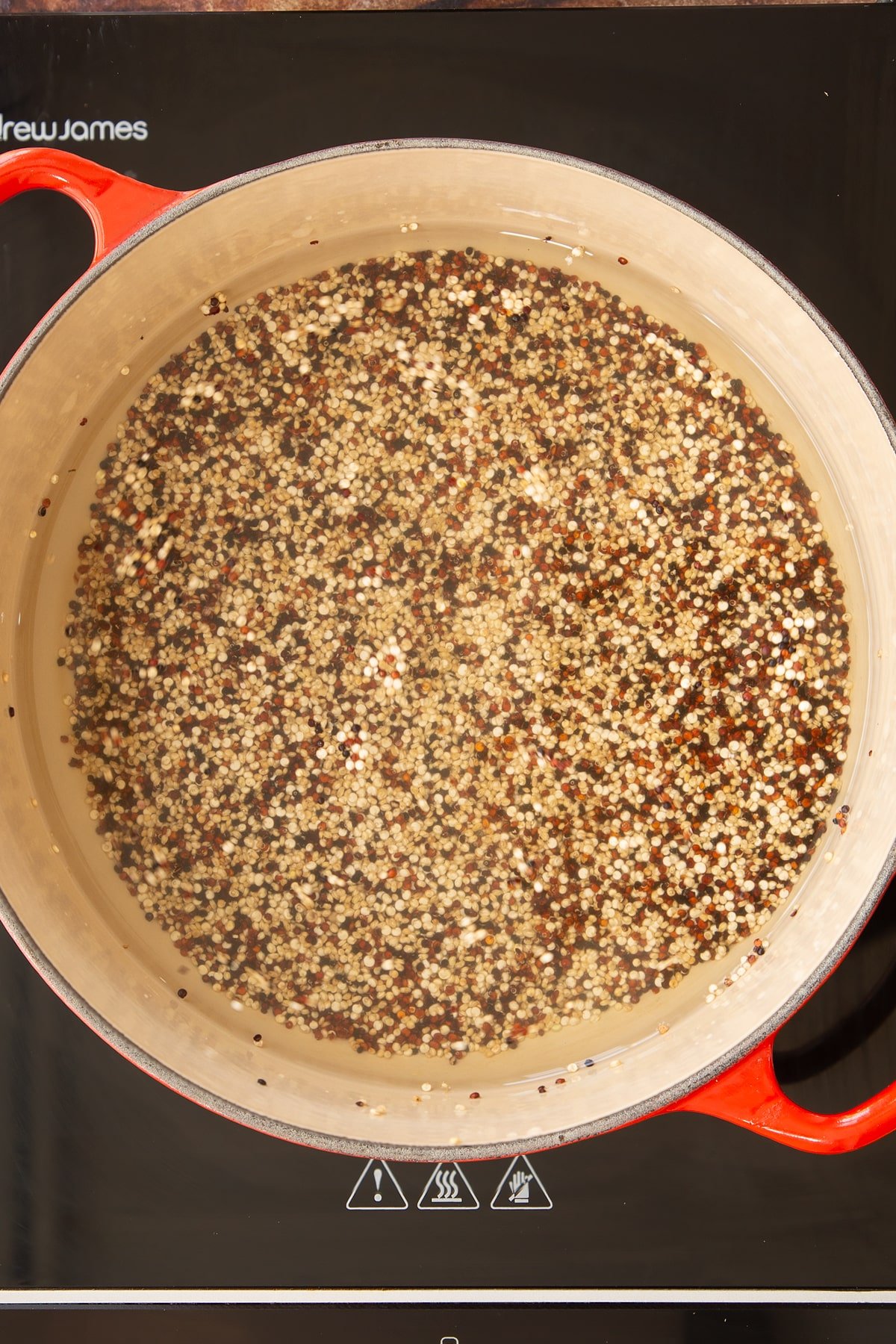Overhead shot of some quinoa in a pan.