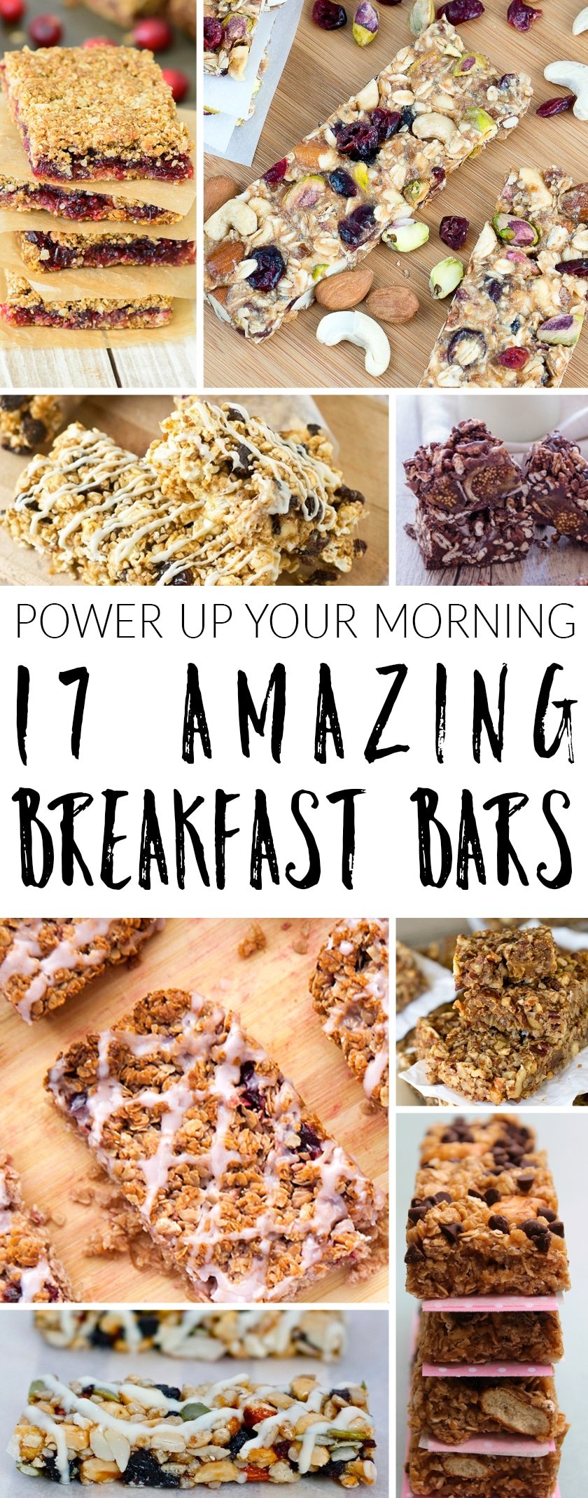 Pinterest image for the breakfast bars round up post. Six images of six different breakfast bar recipes with text in the middle describing the post. 