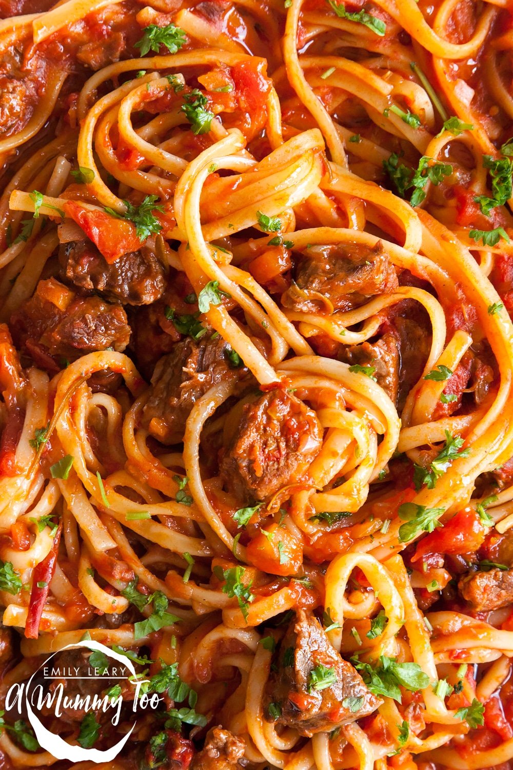 Beef ragu linguine. The tomatoes and herbs cook down over several hours, meaning the meat softens and the flavours intensify as the sauce reduces.