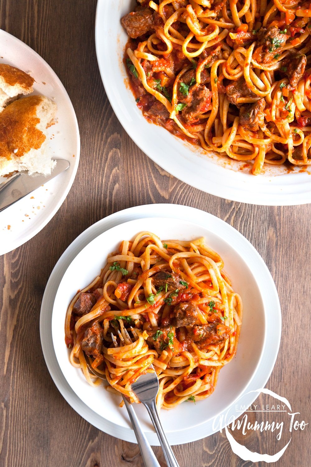 Slow cooked beef ragu linguine. The meat softens and the flavours intensify as the sauce reduces.