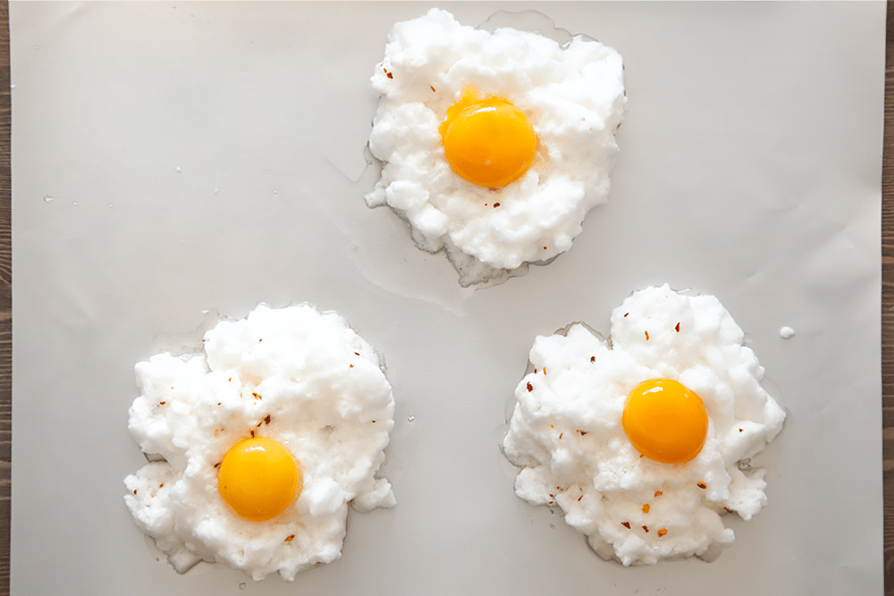 Spicy egg clouds topped with an egg yolk to create spicy eggs in clouds