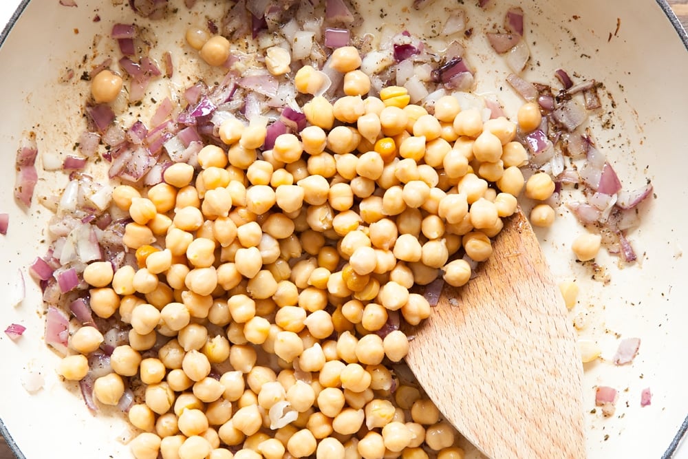 Frying chickpeas for this zingy pasta dish