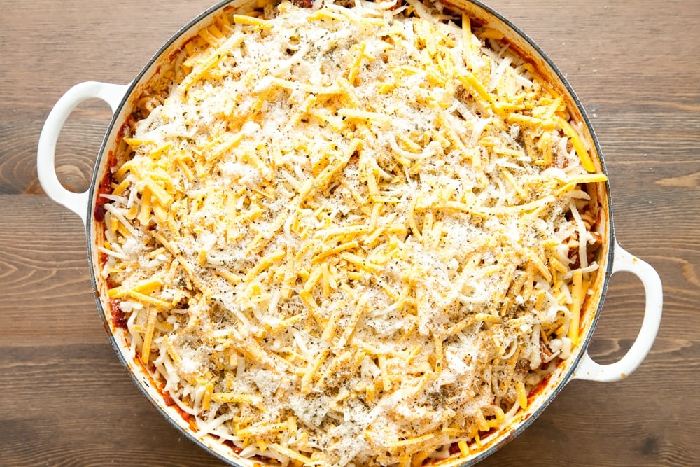 Top the Quorn pasta bake with cheese