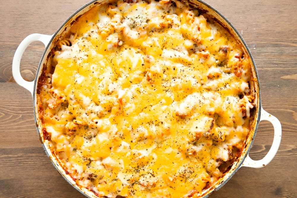 Freshly baked Quorn pasta bake topped with cheese