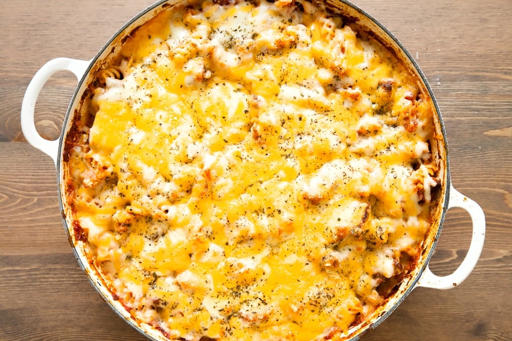Freshly baked Quorn pasta bake topped with cheese
