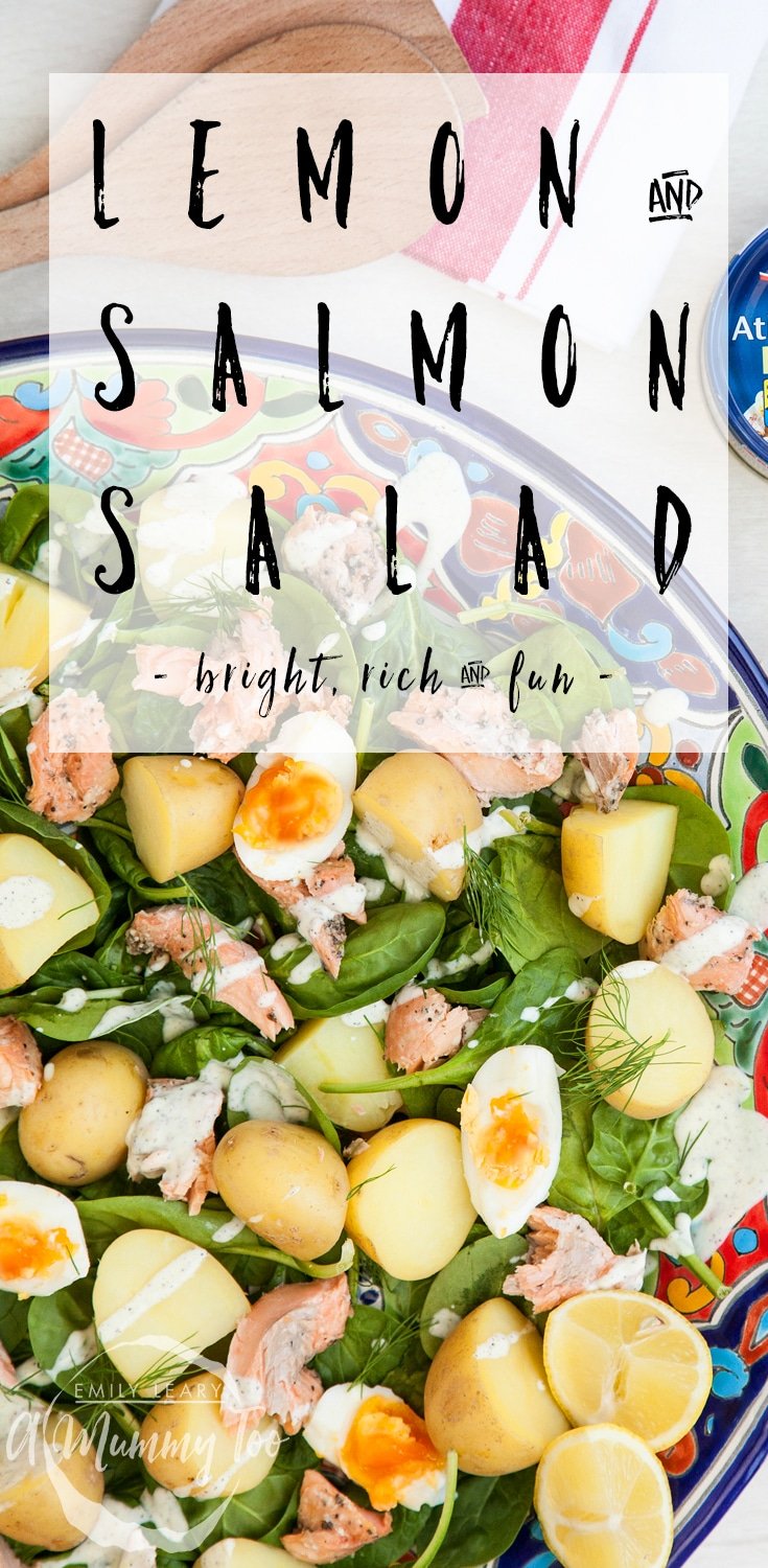 A bright, rich and fun salad - this salmon and new potato salad features a lemony dressing for added flavour! Find the recipe at A Mummy Too #recipe #salads