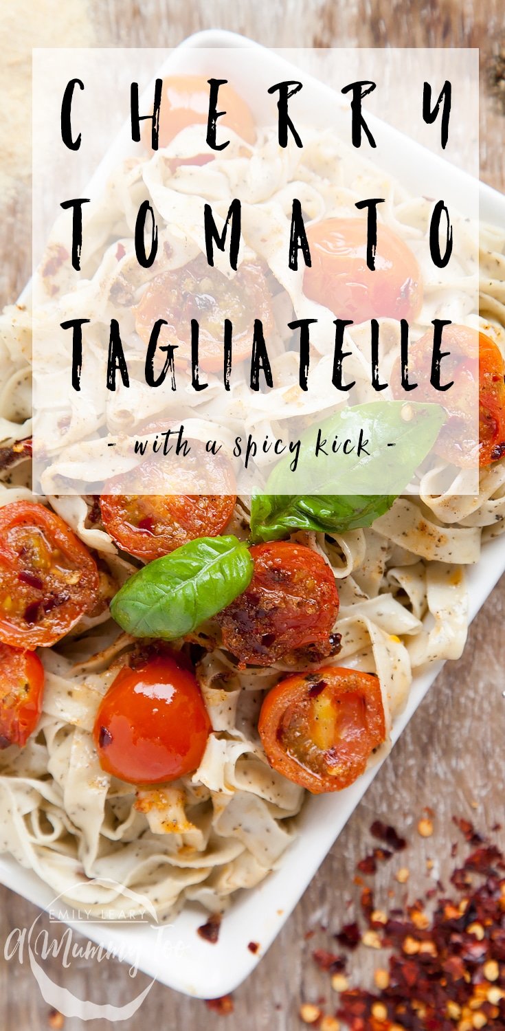 This basil tagliatelle with fiery cherry tomatoes is a twist on the classic and features a spicy kick thanks to the chilli! Find the recipe at A Mummy Too #recipe #pasta