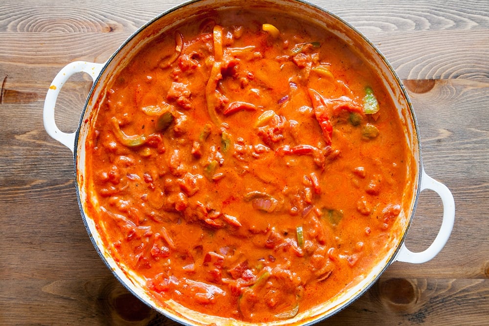 Overhead shot of spicy tomato sauce in a casserole dish