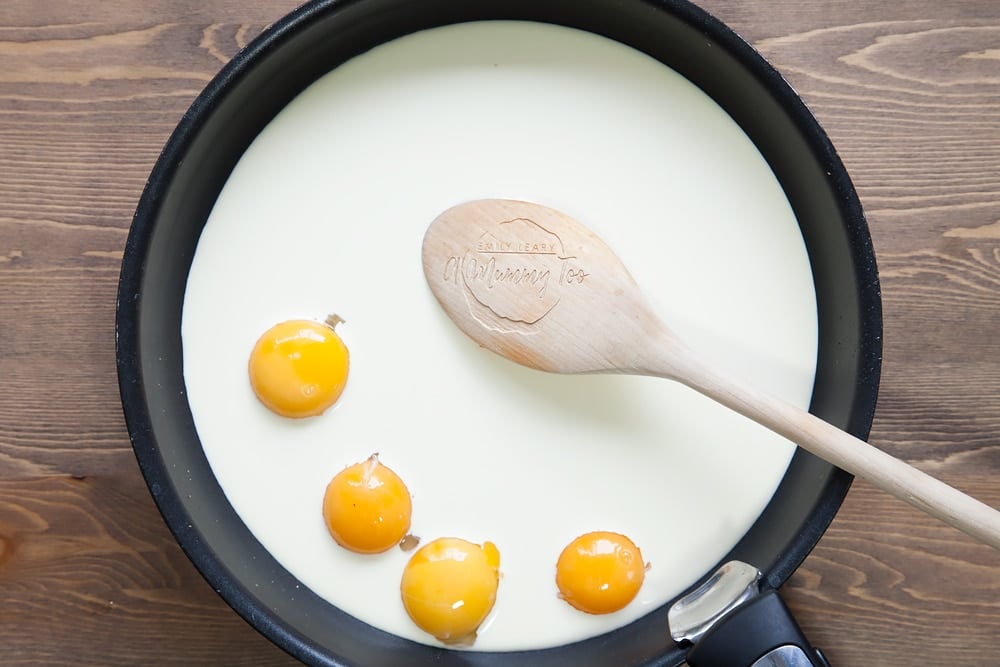 Cream and 4 egg yolks in a frying pan accompanied by a wooden spoon