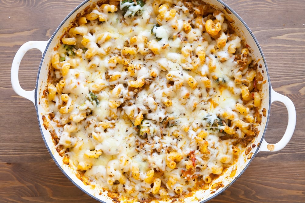 Freshly baked chunky keema pasta bake