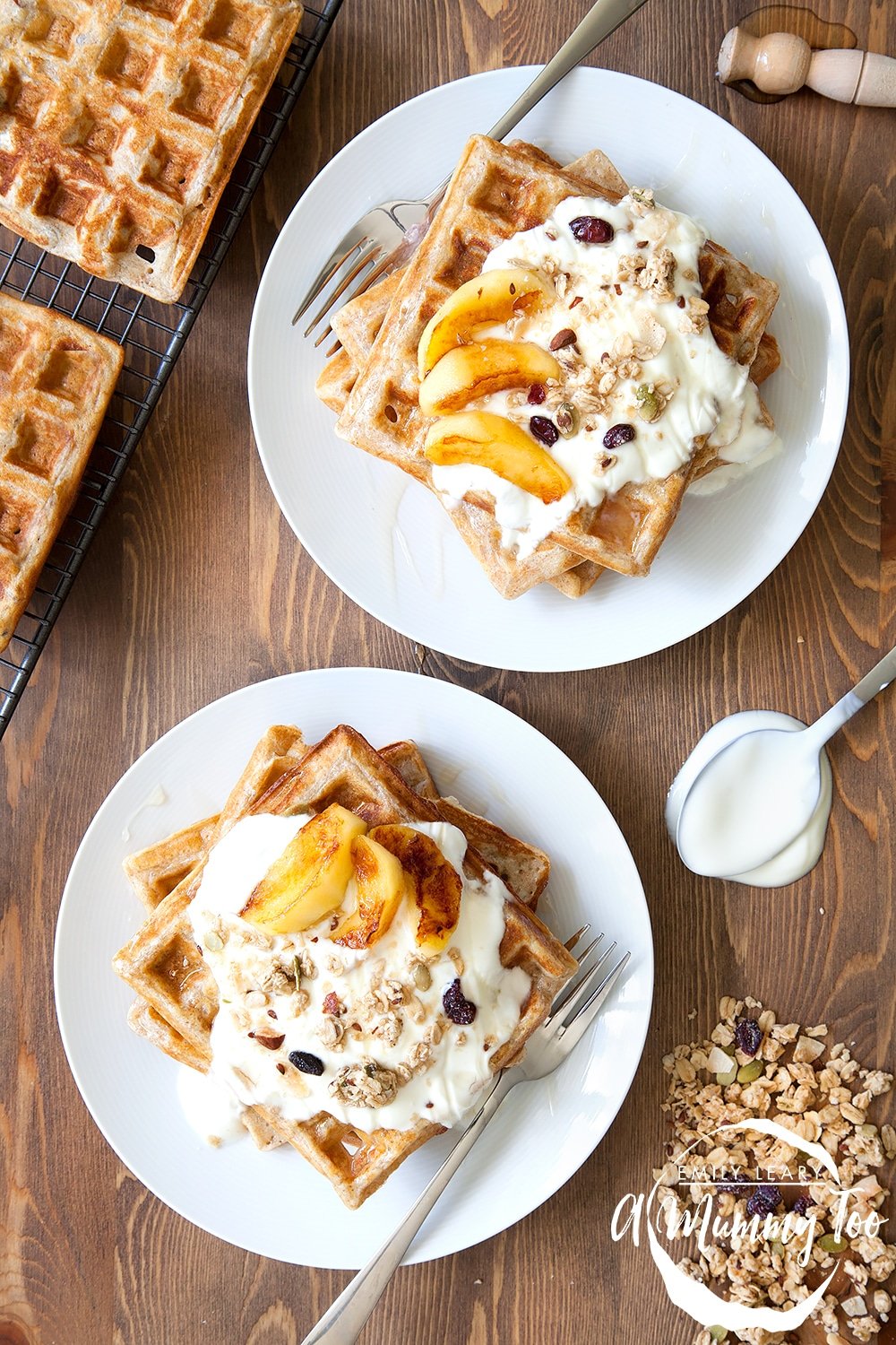 Granola waffles topped with coconut fried apples - a deliciously textured breakfast!