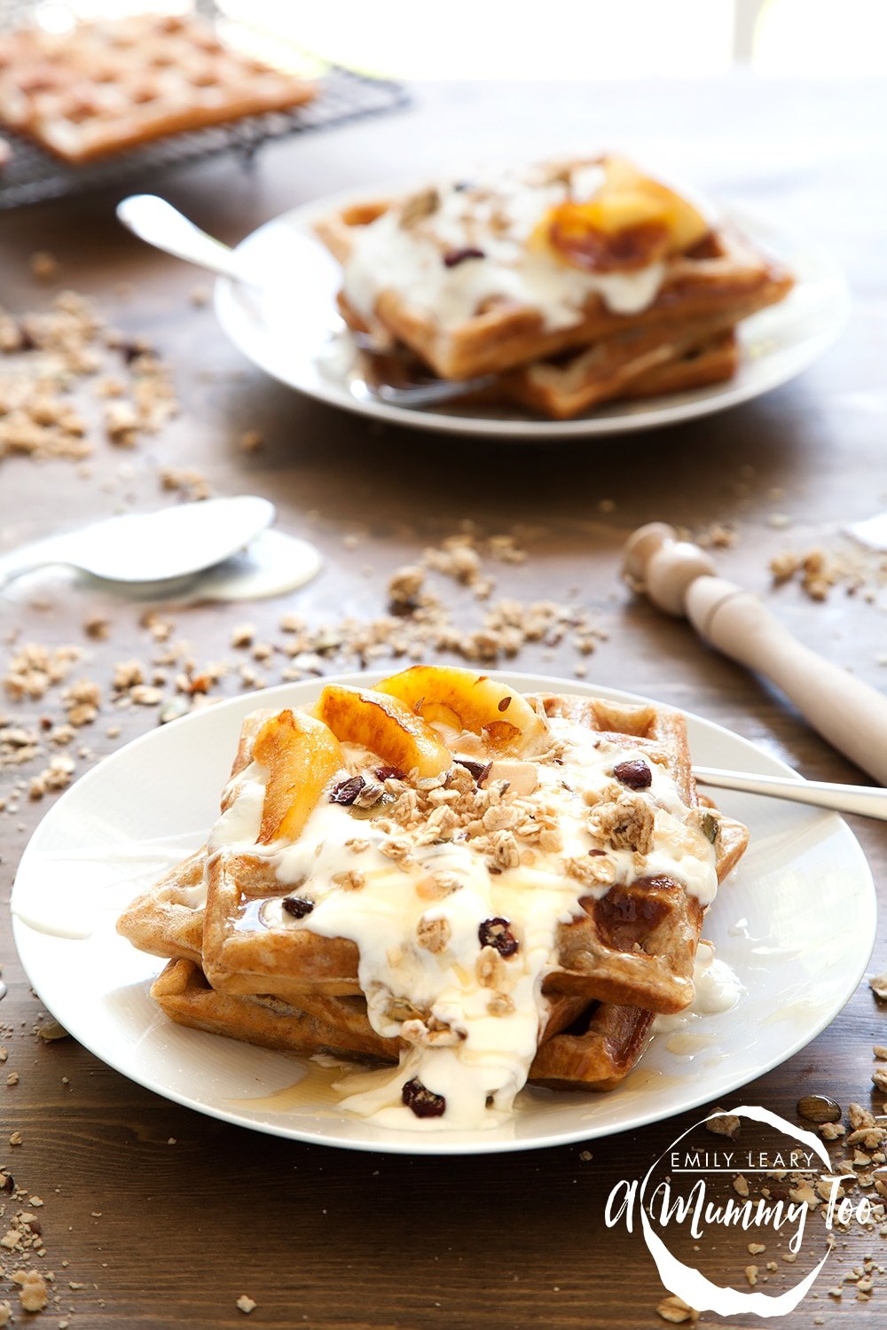 Granola waffles with coconut fried apples - a delicious, textured breakfast packed with granola and fruit