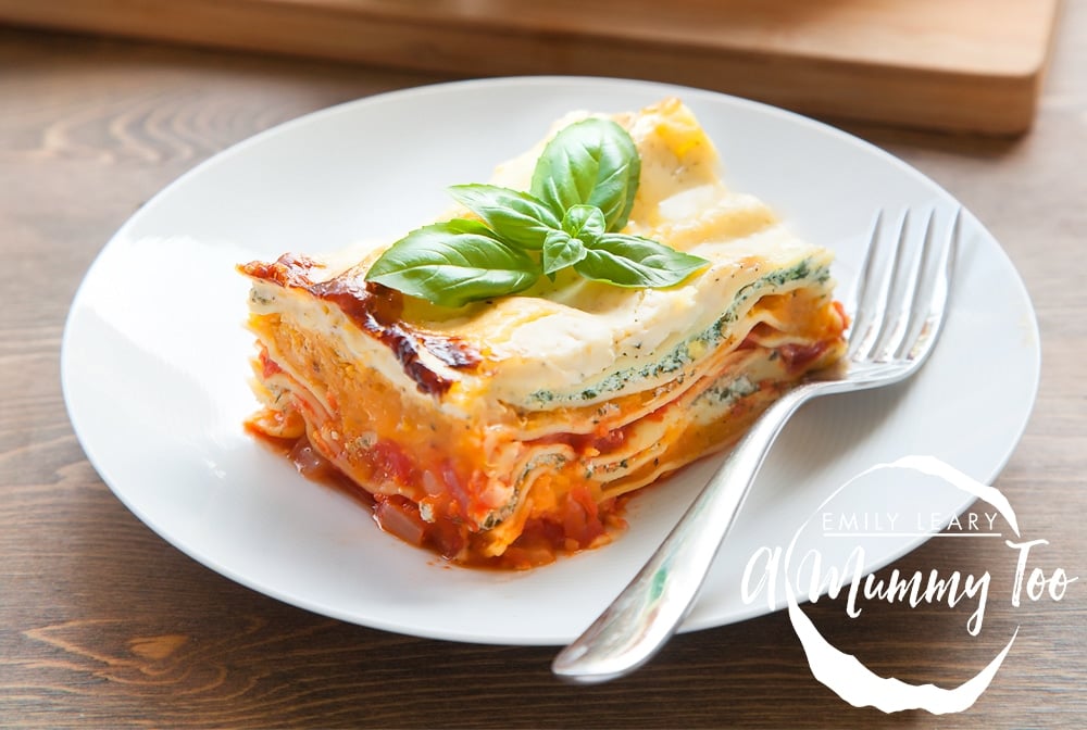 Butternut squash, spinach and ricotta lasagne, shown served and ready to enjoy!