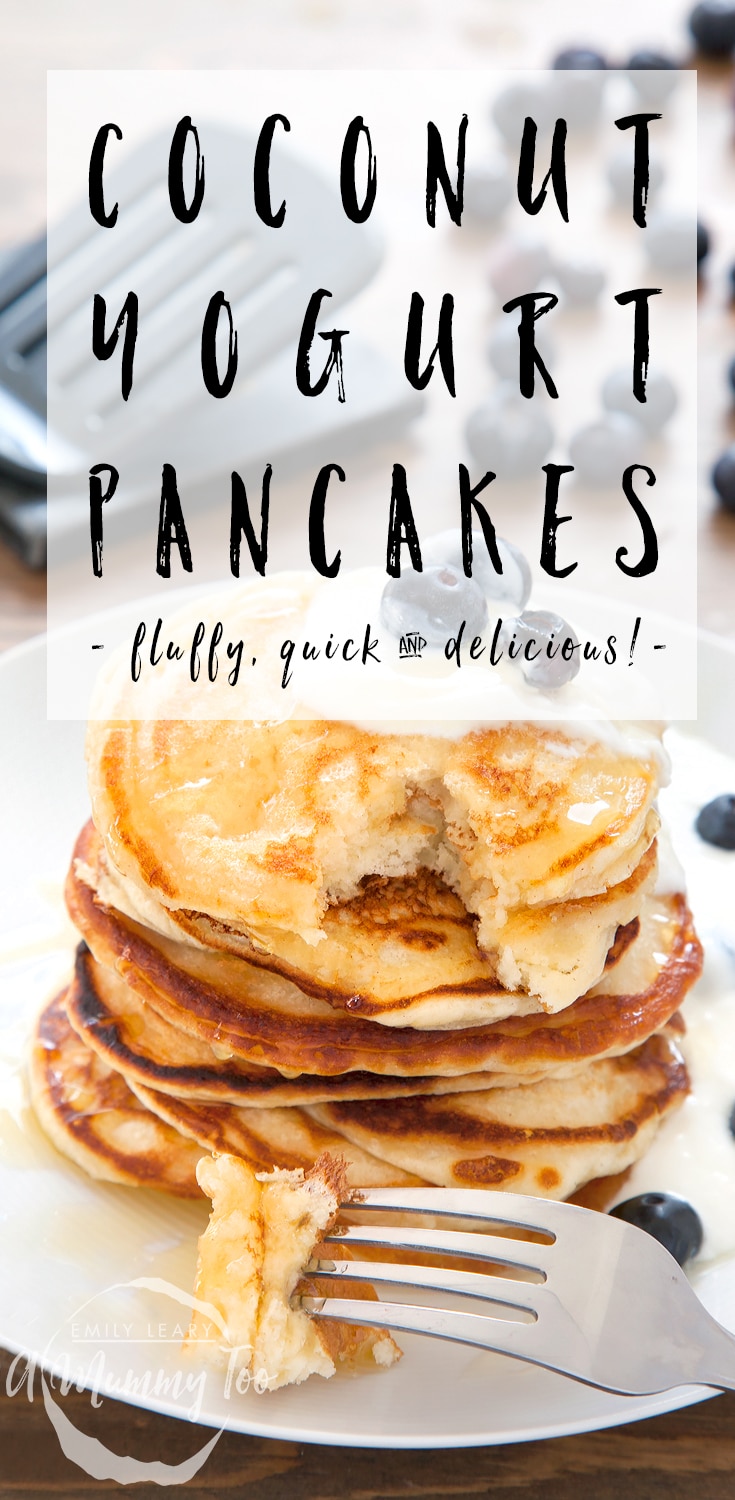 These coconut yogurt pancakes are fluffy, quick and delicious! #recipe #pancakes