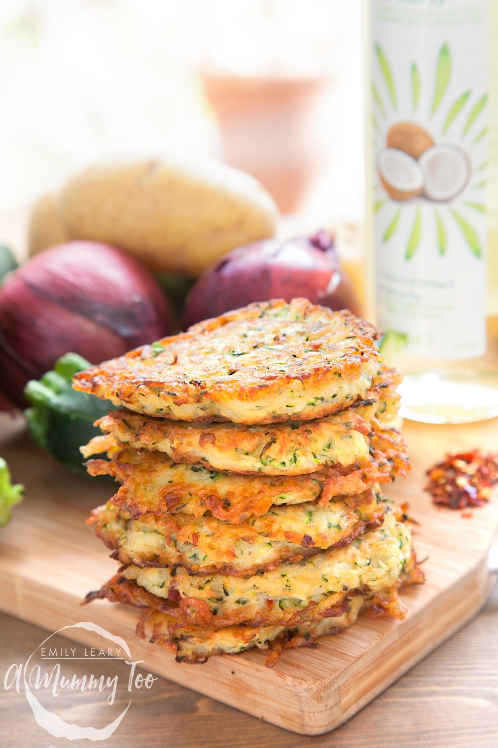 A stack of spicy courgette latkes - a flavourful take on the traditional potato latke