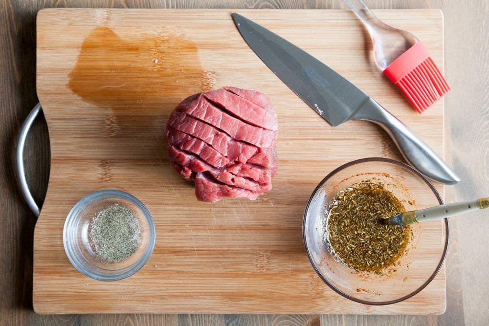 Preparing the beef joint for the piri piri glaze