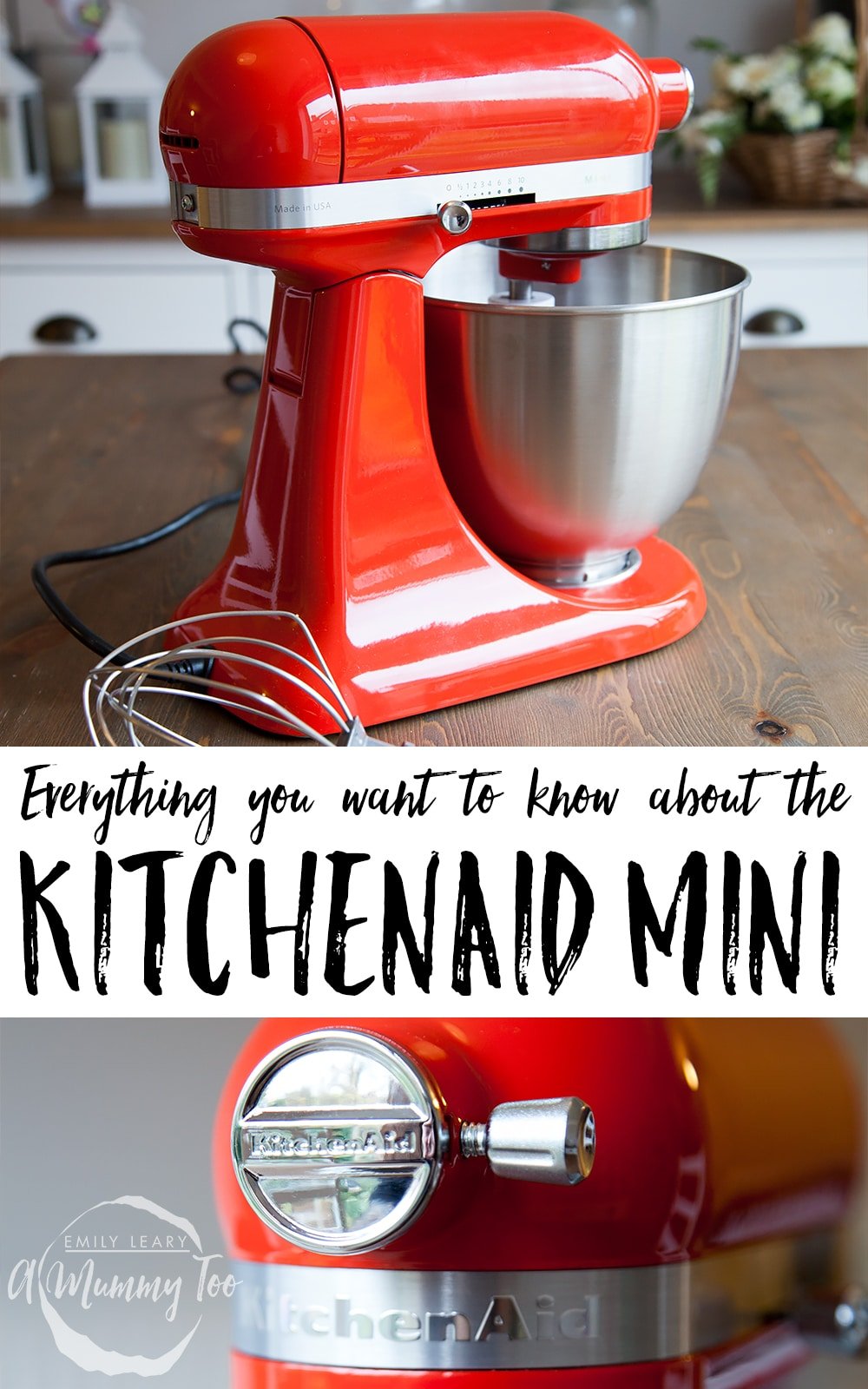 The kitchen aid mini in red sat on a wooden tabletop. The middle of the image features some text describing the image for Pinterest. The bottom image is a close up of the Kitchen Aid logo on the appliance. 