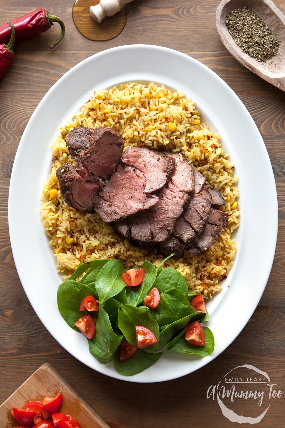 Piri piri beef mini roast - a perfect mid-week roast, served with seasoned rice and side salad