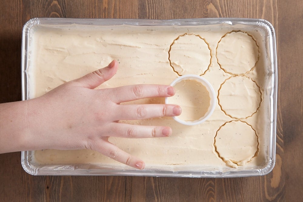 Cutting out the ice cream sandwich filling using a cookie cutter