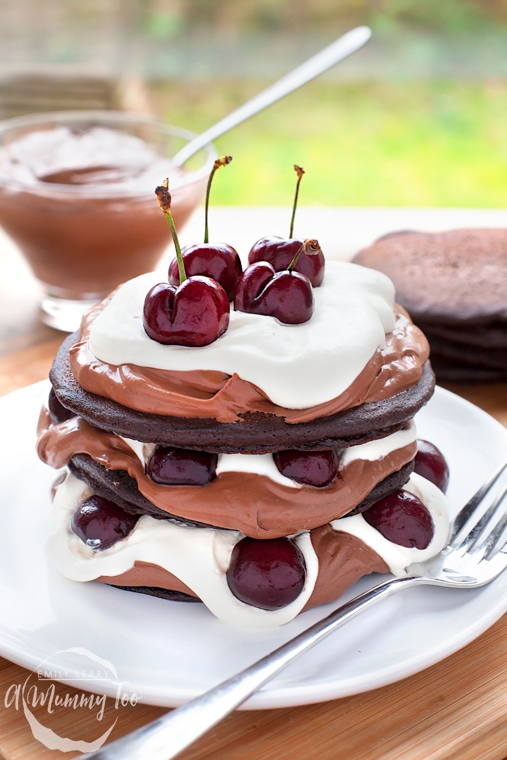 Ultra-decadent black forest pancake stack, using Devil’s Food Cake mix 