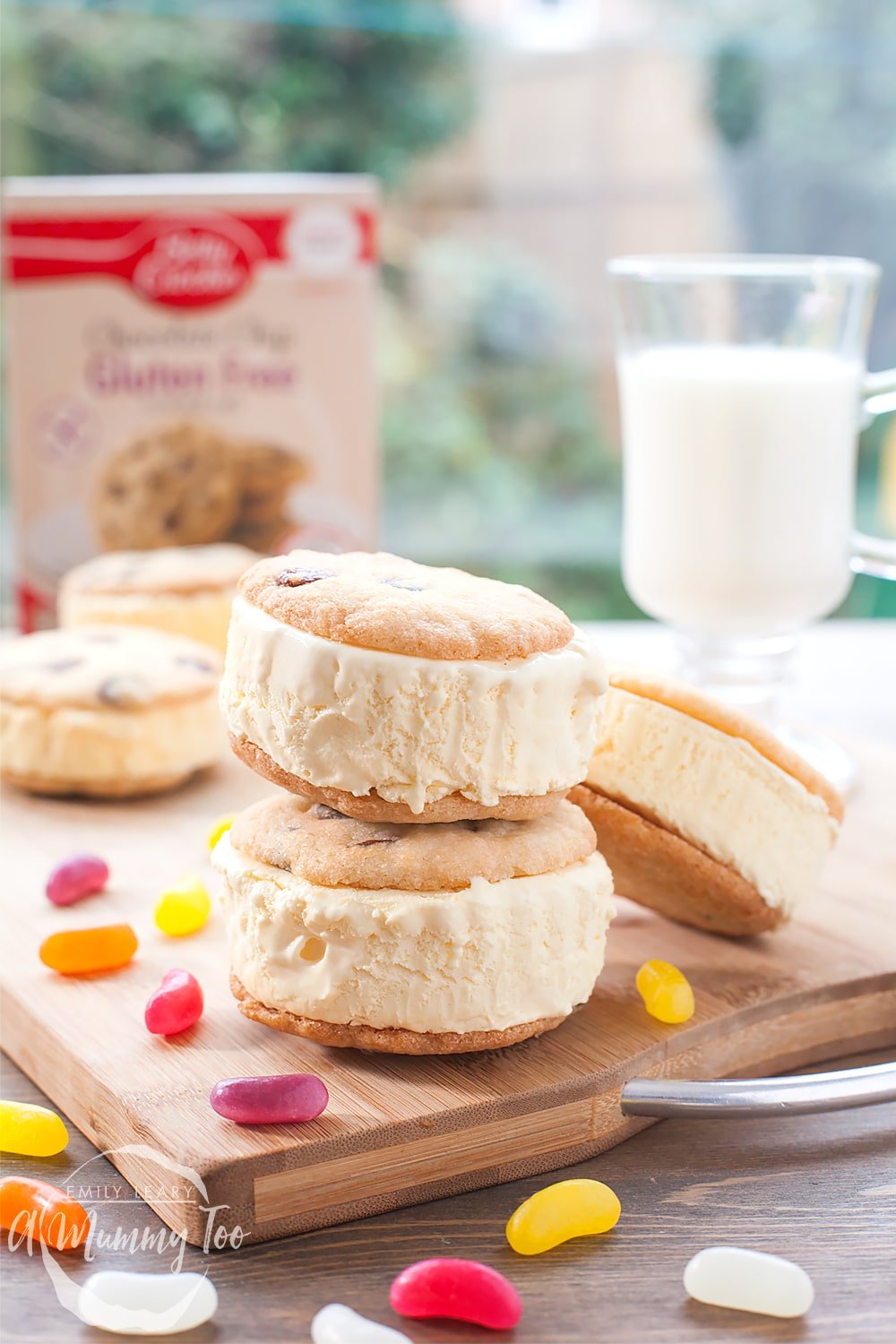 Gluten-free ice cream sandwiches made using Betty Crocker Gluten-Free Chocolate Chip Cookie Mix - served with jelly beans!