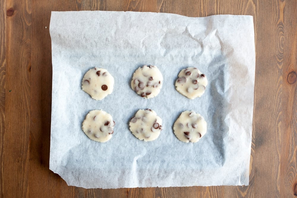 Gluten-free chocolate chip cookies, ready to bake in the oven